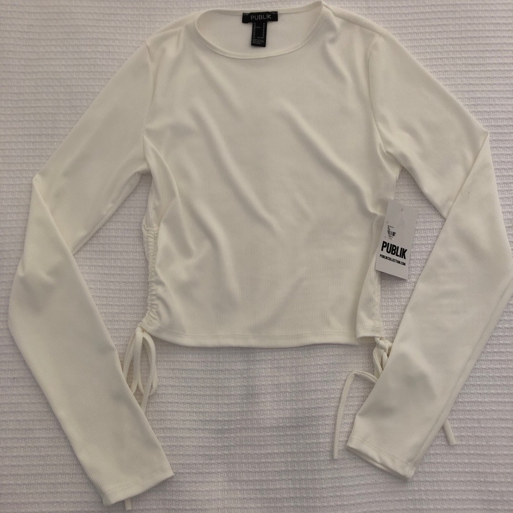 White/cream long sleeve tie top